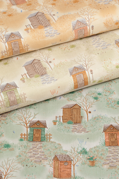 Ткань "Country Farm Collection" домики на светло-зеленом 